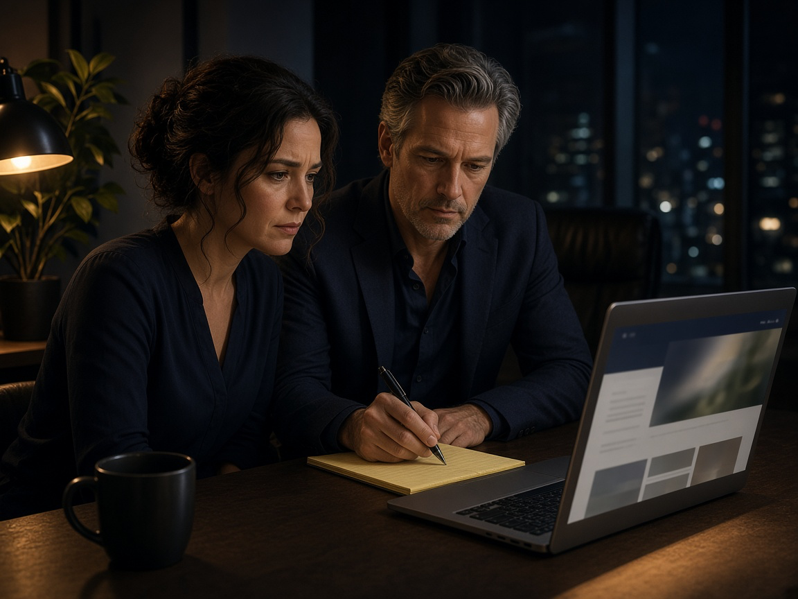 Brand owner and attorney reviewing a lookalike website on a laptop