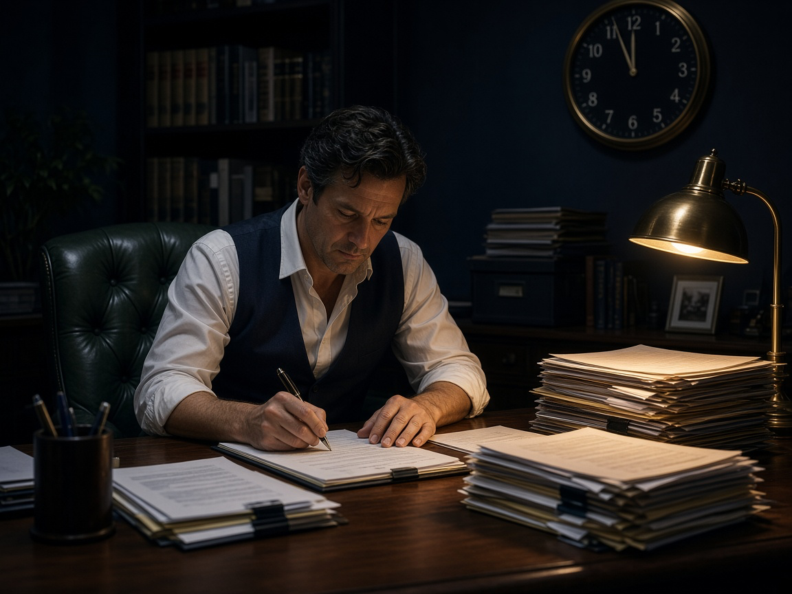 Attorney drafting an emergency injunction motion late at night in Orlando, Florida
