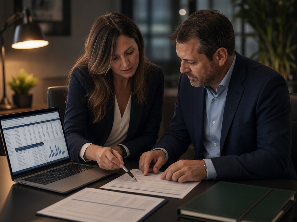 Attorney and forensic accountant examining falsified financials in Orlando, Florida