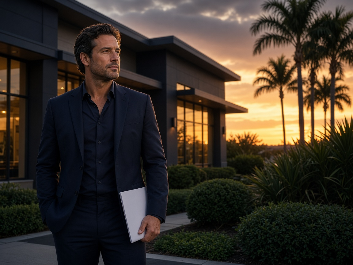 Business owner holding a purchase agreement outside a commercial property in Florida