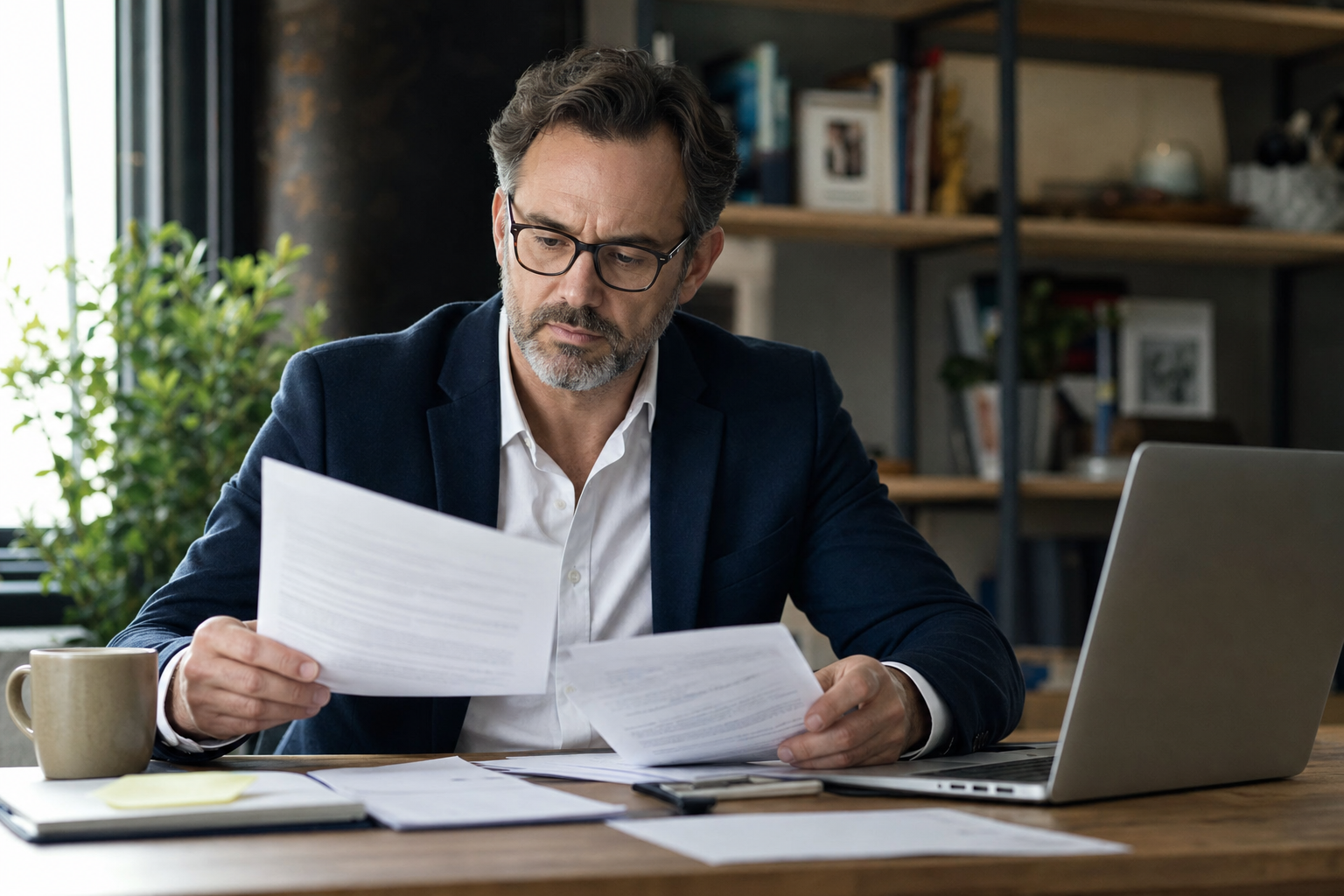 Business owner reviewing contracts and paperwork at a desk